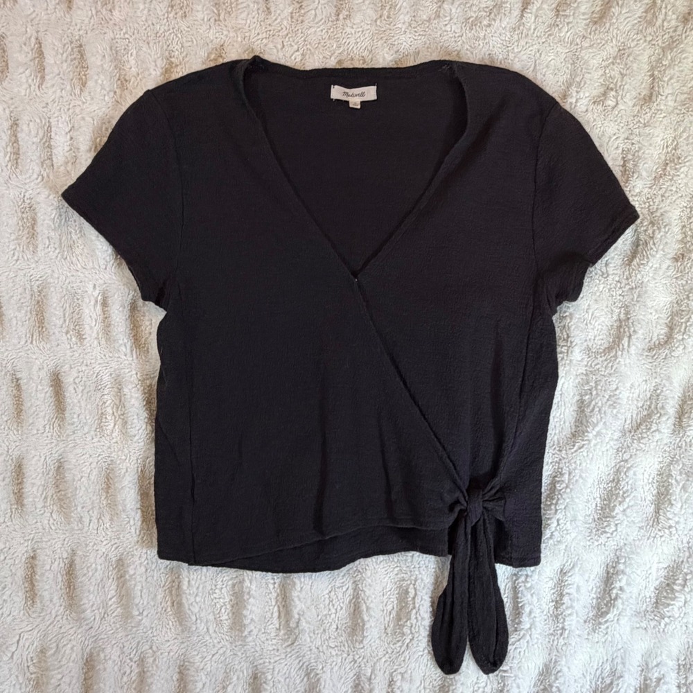 Madewell Womens Black Textured Cotton Gauze Wrap Tie Hem V-Neck Top Medium